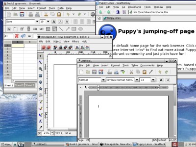 Puppy Linux 4.1 (Dingo) Running Inkscape, Abi Word, GNumeric, Seamonkey